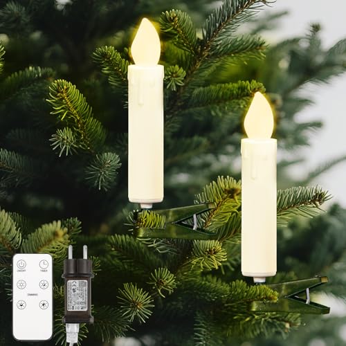 Lewondr 20 Piezas LED Árbol de Navidad Vela Luces, Parpadeo Clip en Velas sin Llama con Temporizador a Distancia y 4 Modos, Árbol Navidad Luces de Vacaciones para los Árboles - Blanco