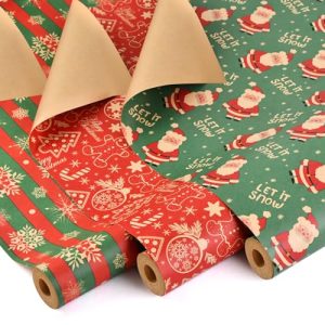 Ahfulife 3 Rollos Papel Regalo Navideño, 43cm x 10M – 3 Rollos de Papel de Embalaje de Navidad Reciclables Papel Kraft Caja de Navidad Regalo Embalaje Decoración de Regalo de Cumpleaños