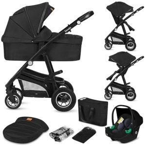 LIONELO BIANKA Cochecito de Bebé 3 en 1 (22 kg) Portabebés (9 kg) Silla de Coche (13 kg), Plegable, Sistema de Viaje Respaldo Ajustable Ruedas 360o Amortiguación, Capota XXL, Carrito de Bebe (Black)