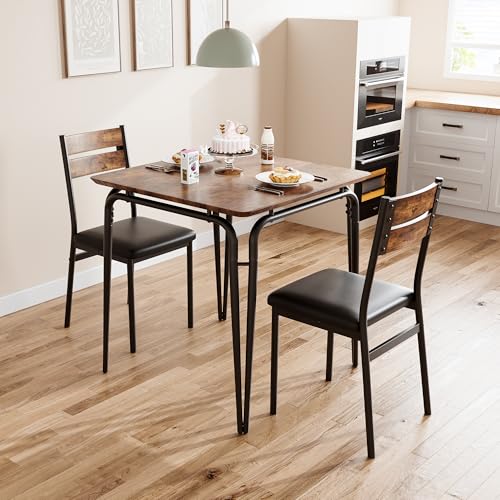 GarveeMore Mesa Comedor Juego de Mesa y 2 Sillas Respaldo MDF + Marco Metálico, para Salón, Dormitorio y Cocina, Retro