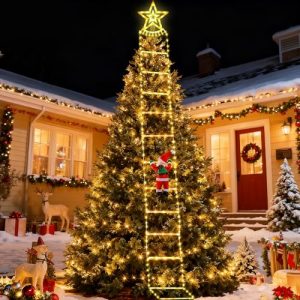 Fohil Luces de Navidad Exterior, LED Escalera con Papá Noel, Estrells, 8 Modos Impermeable Decoración Navidad Exterior para Jardín, Ventana, Árbol, Adornos Navideños Interior