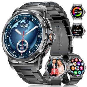LIGE Militar Reloj Inteligente Hombre con Llamadas Bluetooth/Asistente de Voz, 1,43» AMOLED Fitness Tracker con 100+ Modos Deportivos, Smartwatch para iOS Android, Calorías/Podómetro, Acero Negro