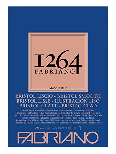 Honsell Fabriano 19100655 Bristol Pad 1264 - Bloc de notas (4 capas, 200 g/m², DIN A3, 50 hojas), color blanco