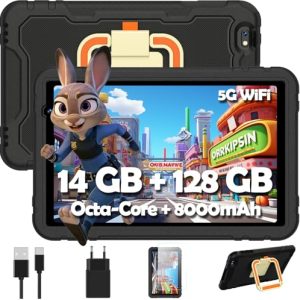 Tablet Android, Octa-Core, 14GB RAM+128GB ROM(1TB TF), 8000mAh, 5G WiFi /BT 5.0, Cámara Dual (5MP+8MP), 1280*800, Tablet 10 Pulgadas con Protective Antichoque Eva + Soporte giratorio de 360°- Negro