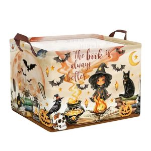 HUUMONSS Grande Cajas de Almacenaje Sombrero Mágico Murciélago con Asa Cesta para Guardar Libro Ropa Juguetes Plegable Rectangular para Habitación Infantil Dormitorio, Bruja, 36L