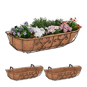 Relaxdays Jardineras de Balcón Set de 3, para Colgar en Barandilla, Hierro y Fibra de Coco, 21x76x22 cm, Marrón/Natural