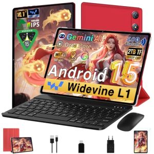 Android 15 Tablet 10 Pulgadas 30GB RAM+64GB ROM (2TB/TF), Gemini AI, Octa-Core 2.0Ghz, 1080*800 FHD IPS, Standby Extra Largo, 5G WiFi, Widevine L1, Face ID, 5MP + 13MP, GMS, Tablet con teclado – Rojo