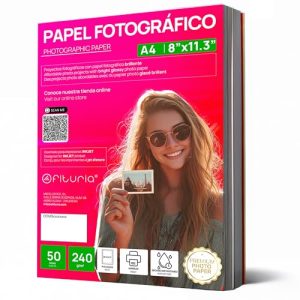 OFITURIA Papel Fotográfico A4 Brillante – Alta Resolución, Secado Instantáneo, 240 g/m², Compatible con Impresoras Inkjet – Papel Fotográfico y Photo Paper para Fotos y Uso Profesional (50 hojas)