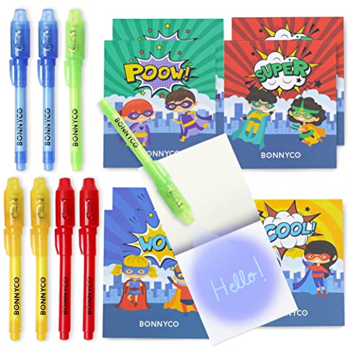 BONNYCO Boligrafo Tinta Invisible y Libreta de Superheroes, Pack de 8 Regalos Cumpleaños Niños Colegio. Detalles Cumpleaños Niños, Relleno Piñata. Regalos Alumnos Primaria, Fiesta Infantil