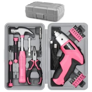 Hi-Spec 3.6V rosa USB pequeño destornillador eléctrico y kit de herramientas para hogar y bricolaje de 19 piezas. Set inalámbrico recargable con maletín compacto