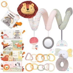 Joyreal Juguetes de cochecito en espiral para bebés, juguetes para recién nacidos, juguetes sensoriales para asiento de coche, sonajeros de bebé, anillos de enlace, libros de bebé de 0 a 12 meses