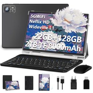 SUAAT Newest Tablet Android 14 10 Pollici 22GB RAM+128GB ROM(1TB TF), 8000 mAH,Octa-Core,2.0Ghz, WiFi5G+2.4G, GPS, 8MP + 5MP, Bluetooth 5.0,OTG, Cast, Tablet PC con Custodia, Tastiera e Mouse, Nero