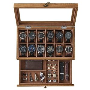 SONGMICS Caja de Relojes con 12 Ranuras, Estuche de Relojes de Madera de 2 Niveles con Tapa de Cristal, Almohadillas, Forro de Terciopelo, Regalo de Seres Queridos, Nogal Rústico JOW012K01