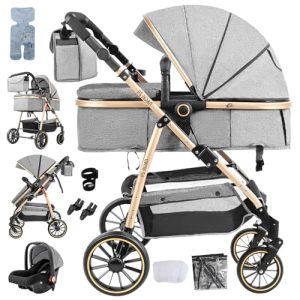 Veitoalioy Carrito Bebe 3 en 1, Cochecito de Bebé Conveniente y Multifuncional, Portátil Cochecito Plegable, Carrito de Paisaje Alto Se puede empujar hacia adelante y hacia atrás (V8 Grey)