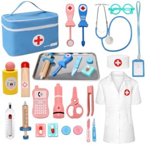 Teneytoyz Maletin Medicos Juguete, Juguetes niños 3 años, Doctora Juguete con Real Estetoscopio, Termómetro, Maletín de Médico Portátil, Juguetes de Madera Adecuado Juego de Roles Juguetes niñas niños