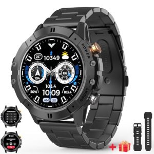 AMZSA Reloj Inteligente Hombre Militar con Llamadas (Recibir/Hacer Llamada) y Whatsapp, 1,52″ Redonda HD Fitness Tracker, smartwatch con Correa de Metal 120+ Modos Deportivos 1ATM AI para Android iOS