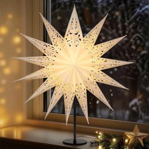 Lewondr Lámpara De Mesa Estrella De Navidad 3D De Papel, 17,72″ Estrella Navideña De 14 Puntas Calada Iluminada Con Bombilla LED E14, Decoración De Mesa Navideña Con Base De Hierro Para Hogar