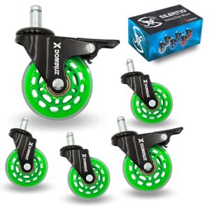 XDominuz Silentio – Ruedas para Silla de Oficina de Goma – Ruedas Silla Gaming Ultra-Silenciosas con Freno, Set de 5, Perno 11mm, 360° Rotativas, Apto para Parquet y Alfombras – Verde