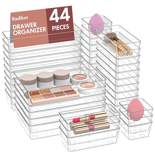 Radikor 44 Piezas Organizadores de Cajones de Plástico Transparente, Organizador de Maquillaje Cajones, Organizador Cajones Escritorio, Cajas Organizadoras para Maquillaje, Baño, Cocina, per Oficina