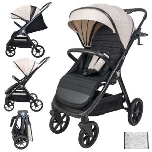 Twinly – Silla de Paseo Ligera bebé hasta 22kg plegable SPACELY, Carrito de bebe muy Grande y Cómodo, carro bebe con Plegado fácil, Capota XXL UPF-50 plástico de lluvia, cochecito reclinable (Beige)