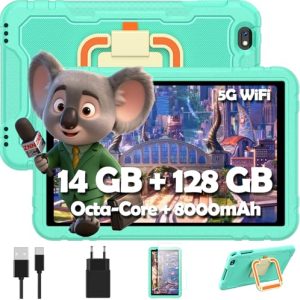 Tablet Android, Octa-Core, 14GB RAM+128GB ROM(1TB TF), 8000mAh, 5G WiFi /BT 5.0, Cámara Dual (5MP+8MP), 1280*800, Tablet 10 Pulgadas con Protective Antichoque Eva + Soporte giratorio de 360°-Verde