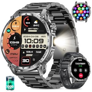 Reloj Inteligente Hombre 1,7» pantalla táctil Smartwatch Hombre Linterna 100 Días de Batería Llamadas Bluetooth 120+ Modos Deportivos Pulsómetro Monitor de Sueño IP68 iOS Android (Acero Negro)