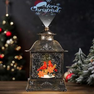 Lewondr Bola de Nieve Pájaros Cardenales Rojos con Proyector 6 Patrones, Jaula de Pájaros Retro Purpurina Giratoria, Bola Nieve Aldea con Temporizador 6 Horas, Decoración para Navidades Año Nuevo