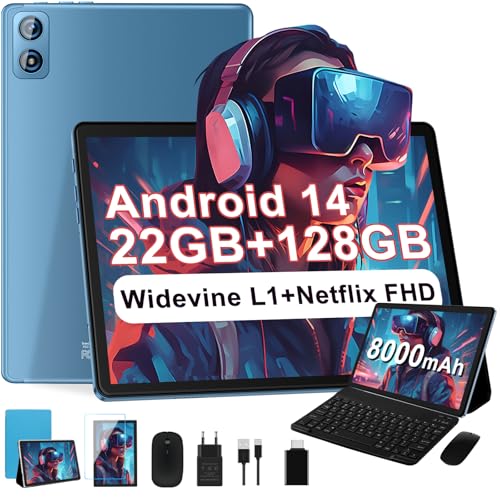 Dghrti Tablet Android 14 Tablet 10 Pulgadas, 22(6+16) GB RAM+128GB ROM/TF 2TB, 8000mAh, 8-Core CPU, 3D Face ID, Widevine L1, WLAN 6, BT5.0, GPS, 5MP+8MP, con Teclado+Ratón MetÃlica-Azul