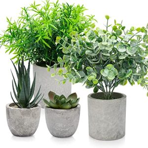 Elecoutek 4 Piezas Plantas Artificiales Decorativas Planta Falsa en Macetas, Planta Plastico Pequeña, Eucalipto, Romero, Suculentas Artificiale Interior para Decoración de Cocina, Baño, Oficinas
