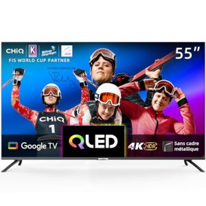 CHiQ Smart Google TV 4K QLED de 55 Pulgadas, Panel UHD con Amplia HDR, Control Remoto por Voz, Chromecast Integrado, Dolby Audio, DBX-TV, Bluetooth 5.0, Wi-Fi, Modelo U55QM8E de 2024