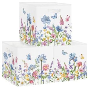 Clastyle Juego de 3 Caja Almacenaje Tela Flores Salvajes Cestas Almacenaje Ropa Padres y Madres para Juguetes Cestas Organizadoras Plegable para Armarios,Flor Azul,30x30x30 cm