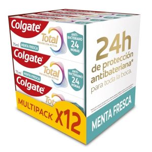 Colgate Total Prevención Activa Menta Fresca Pasta de Dientes Pack 12 x 75ml | Combate las causas principales* de los problemas de salud bucodental | 24h de Protección antibacteriana¹
