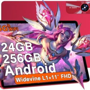 Tablet 11 Pulgadas Android con 24GB RAM 256GB ROM (2TB TF), Octa-Core 2.0 GHz, Widevine L1, 5G WiFi, Bluetooth 5.0, 8000mAh, 5MP+13MP, 1280*800 FHD IPS, Facial ID, Tipo C, AGPS, Tablet con Funda – Red