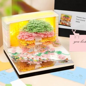 Auniq 2026 Calendario de escritorio 3D Bloc de notas con luces, 3D Calendario Semanal Casa del árbol 2026 Calendario piezas de tiempo Tallado de papel DIY 3D Arte Artesanía Regalo Navidad Año Nuevo