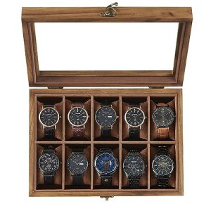 SONGMICS Caja para Relojes con 10 Compartimentos, Madera Maciza, con Tapa de Cristal, Cojín, Regalo para Queridos, Nogal Rústico JOW100K01