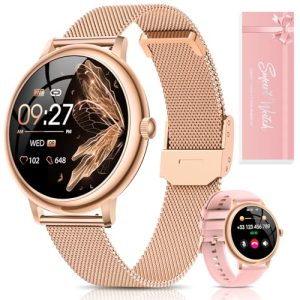 RUXINGX Reloj Inteligente Mujer, Redondo Elegante 1.19″ AMOLED Pantalla Táctil, Smartwatch con Llamadas, Función Femenina, 120+ Deportes Pulsómetro SpO2 Sueño Podómetro Android iOS Regalo Navidad Oro