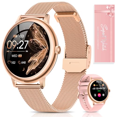 RUXINGX Reloj Inteligente Mujer, Redondo Elegante 1.19" AMOLED Pantalla Táctil, Smartwatch con Llamadas, Función Femenina, 120+ Deportes Pulsómetro SpO2 Sueño Podómetro Android iOS Regalo Navidad Oro