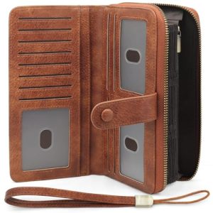 GOUNNU Cartera de Mujer, Elegancia Retro Monedero Largo de Mujer con RFID Bloqueo Carteras Tarjetero con 45 Ranuras para Tarjetas Billetera Grande, Marrón