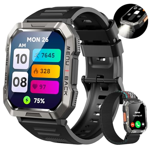 Reloj Inteligente Hombre, Smartwatch Hombre con Linterna y Brújula, Smartwatch con Llamadas Bluetooth, Batería Grande de 900 mAh, Pulsera Actividad Impermeable IP68, Reloj Inteligente para Android iOS