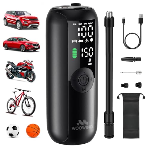 Woowind Compresor Aire Portatil 150PSI/10,3Bar, Bomba Bicicleta, Inflador Ruedas Coche, Inflado en 1 Minuto, Hinchador Ruedas Coche, Bici, Moto y Balones, Apagado Automático, Pantalla LCD Linterna LED