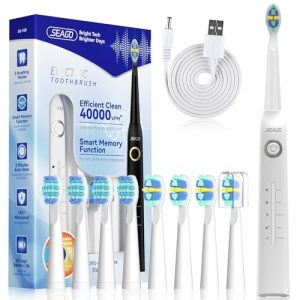 Seago cepillo de dientes eléctrico sónico, cepillo electrico con 8 cabezas, carga USB, cepillo de dientes eléctrico ultrasónicos 5 modos y temporizador, IPX7 Impermeable, para viaja (blanco)