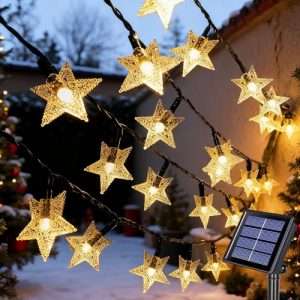 Qoosea Luces de Hilo Solares Estrella 7M, 50 LED Impermeables con Energía Solar, 8 Modos con Temporizador Auto Encendido/Apagado para Jardín Valla Navidad Boda Fiesta Decoración