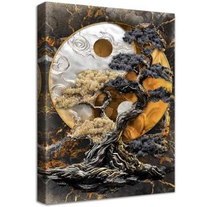 Marco de Madera Cuadro Modernos Árbol Qian Kun Yin Yang Cuadros Decorativos Lienzo Pintura Camafeo de mármol negro marrón Imagen Cuadros Decoracion Salon Baño Dormitorio Comedor Pasillo 40x60cm