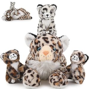 MorisMos Leopardo Peluche con Bebe XXL, 45cm Kawaii Gato Juguetes de Peluche Animales Realista Suave, Regalo para Niña Niños Cumpleaños Navidad Decoración