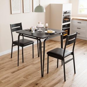 GarveeMore Mesa Comedor Juego de Mesa y 2 Sillas Respaldo MDF + Marco Metálico, para Salón, Dormitorio y Cocina, Negro