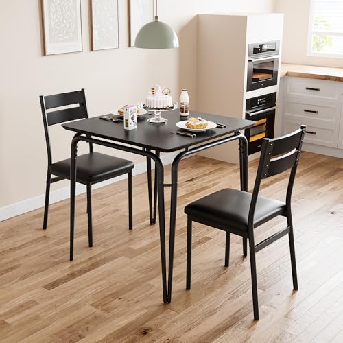 GarveeMore Mesa Comedor Juego de Mesa y 2 Sillas Respaldo MDF + Marco Metálico, para Salón, Dormitorio y Cocina, Negro