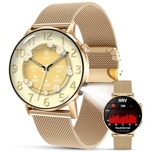 Lgnitek Reloj Inteligente Mujer con Linterna, 1.32" AMOLED Smartwatch Mujer con HRV/ρresιón Arterιαl/Función Femenina, 24H Pulsometro, SpO2, Monitor de Sueño Pulsera Actividad para Android iOS