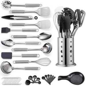 Reanea Juego de Utensilios de Cocina de Acero Inoxidable – 39 Piezas Con Espátulas, Cucharas y Soporte Resistente – Apto para Lavavajillas
