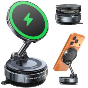 Beeasy Cargador Inalambrico Coche para Magsafe 15W, Magnetico Soporte Móvil Coche con Ventosa de Vacío, 360° Rotación Salpicadero Soporte Telefono para iPhone 17/16/15/14/13/12 Pro MAX, Negro
