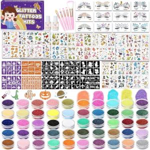 TEUVO 50 Colores Tatuajes Purpurina para Niñas con 128Stencils, 12 Joyas Faciales, 5 Pinceles, 300+ Patrones de Tatuajes Estilos Mixtos, Tatuajes Temporales para Halloween Navidad Cumpleaños